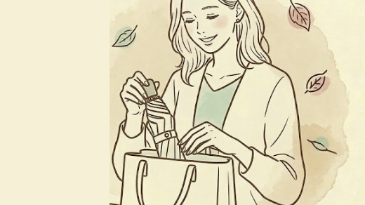 折りたたみ傘をバッグにしまう女性のイラスト