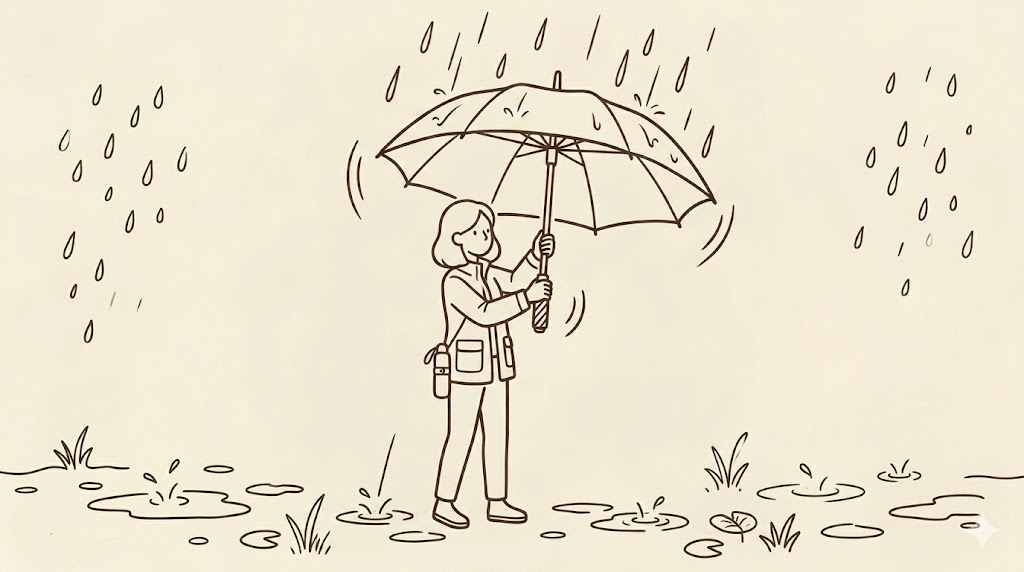 雨の中で傘をさす女性のイラスト